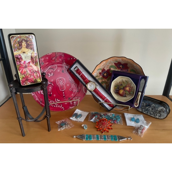 Assortment of Home Decor w/Trinket Boxes & Costume Jewelry + Red Watch