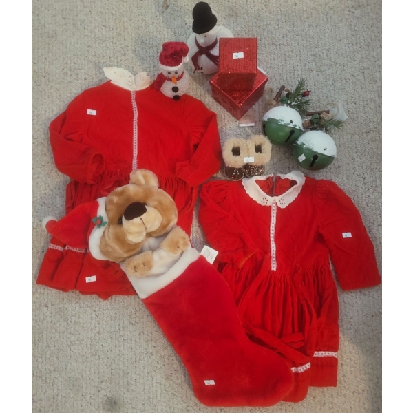 Two Hand made Christmas Dresses Size 0-12 months w/ Seasonal Decor