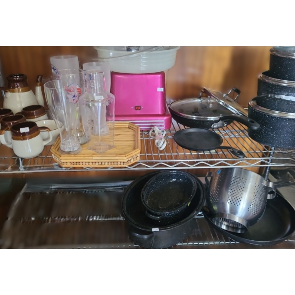 Contents of Shelf: Nostalgia Electrics Cotton Candy Machine, The Rock Pots, Glassware and More!