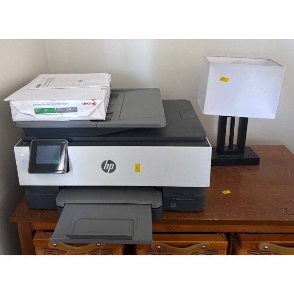 HP Office Jet Pro 8025e w/ Staples Paper Shredder,  Paper, and Lamp 