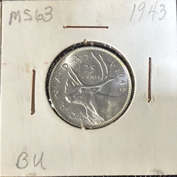 1943 MS63 BU Canadian Quarter 80% Silver