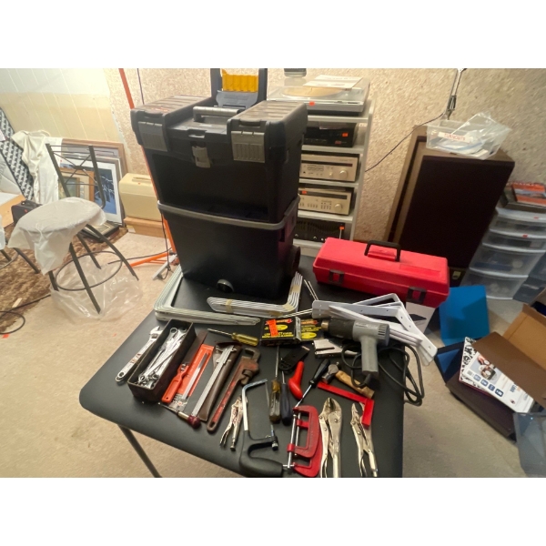 Stackable Mastercraft Toolbox, Shelving Supplies, Heatgun, Handtools, Staples.
