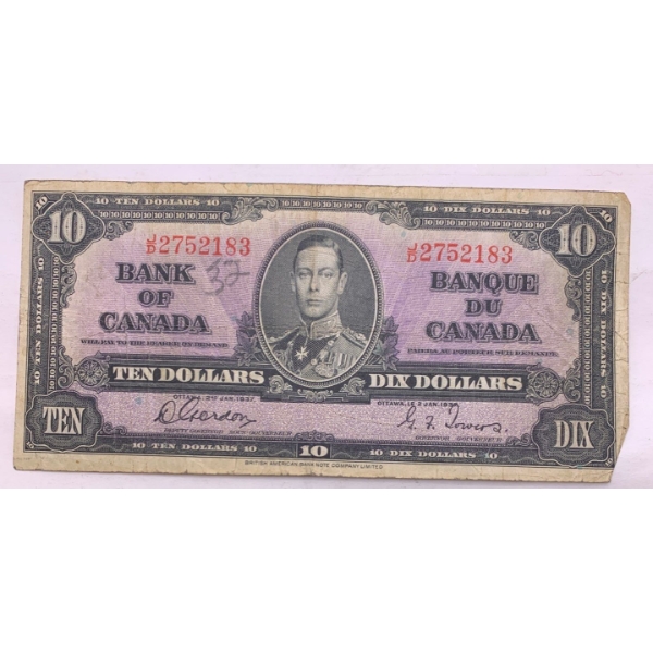 Bank of Canada 10 Dollar Bank Note SN J/D 2752183 Gordon Towers 
