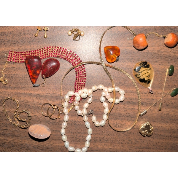 Gold Tone Jewels Embellished w/ Sap Or Stones - Amber Pendants Jade Hat Pins & more