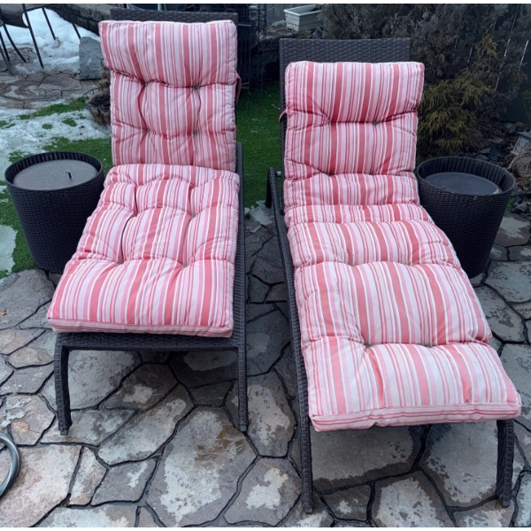 Modern Wicker Chaise Loungers ft/ Adjustable Back & Body Cushions w/ 2 Glass Top Tables