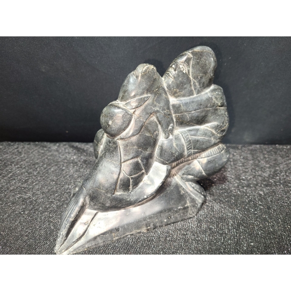 Soapstone Carving of Man Wrestling Seal, Artist: Markoosie Anauta, 2.5 W, 6.5 D, 6 T 