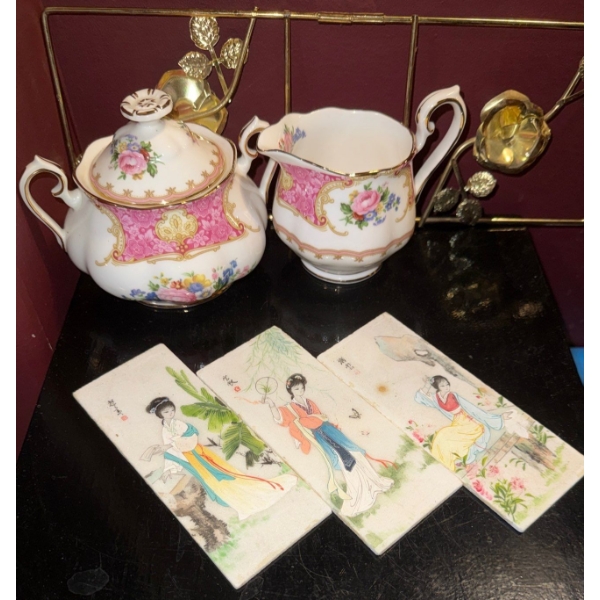 Royal Albert China Cream & Sugar Set w/ Brass Cherry Blossum Panel & Asian Tiles  