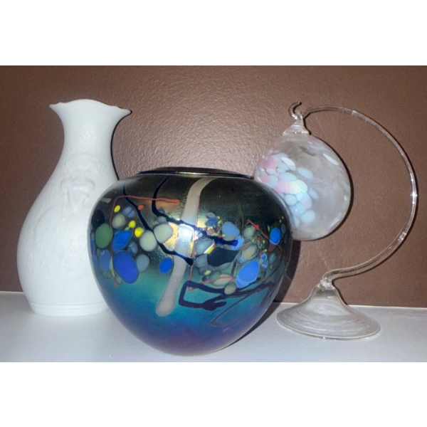 Signed Jim Norton Iridescent Art Glass Vase w/ Kaiser Bisque Vase 8'Tall & more 