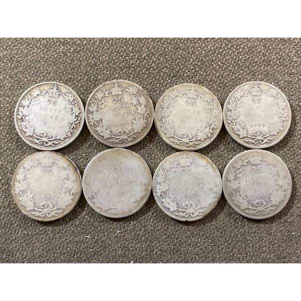 8 Canadian Silver 25-Cent Coins, 1917 George V Era