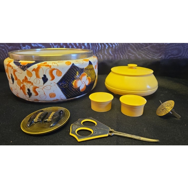 "French Ivory" Made in England Powder Box w/ Makeup Accessories & Enamel Gold Painted W.W. Co. Bowl 