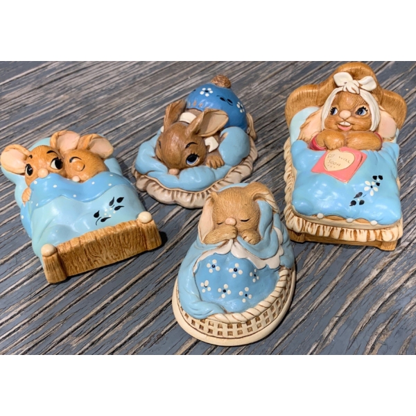 Pendelfin Blue Sleeping Rabbits (Largest is 4" Long): 'Twins', 'Poppet', 'Dodger', and Sick Rabbit 