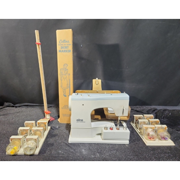 Switzerland Made Elna Sewing Machine with Bits and Bobbles and a Vintage Collins Skirt Marker