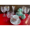 Image 1 : Avon Jadeite Mustache Scuddle Crystal Stemware Candy Dish Vase & China Tea Cup w/ Saucer