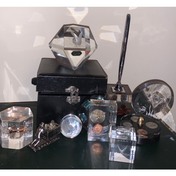 Hand Carved Crystal Paper Weights - Coins Play Boy Desk Decor & More 4T