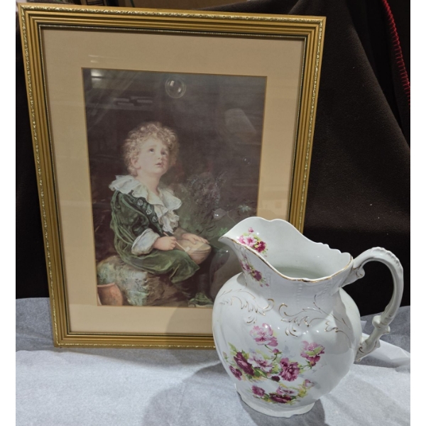 Vintage Pears Soap "Bubbles" Framed Wall Hanging + Ceramic Wash Jug/Pitcher Hand Painted