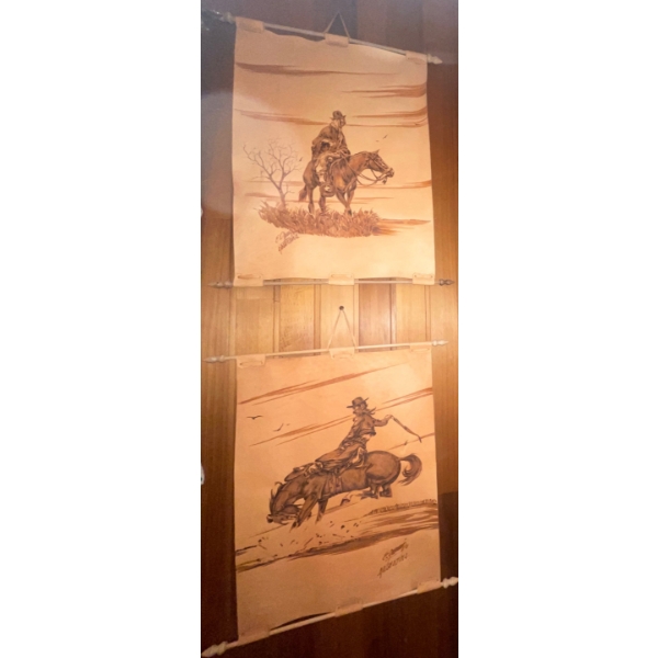 Two Etched Leather Wall Hangings  Cowboys riding Horse  21"x21"  X2