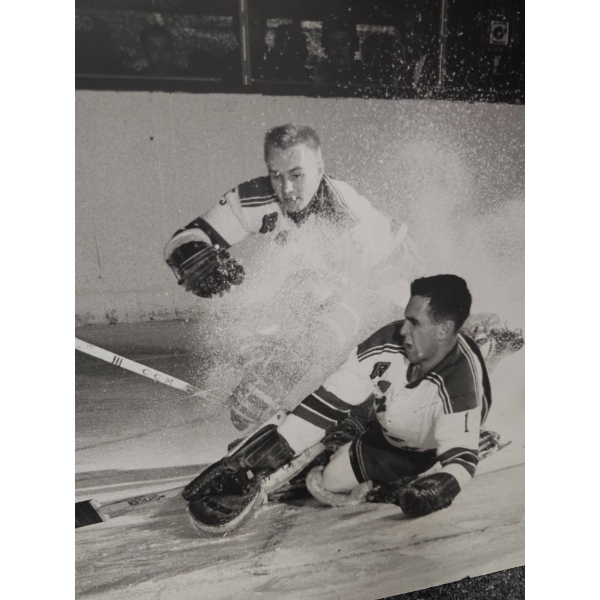 Black-and-White Action Photograph of Hockey Players, 33x19 Inches