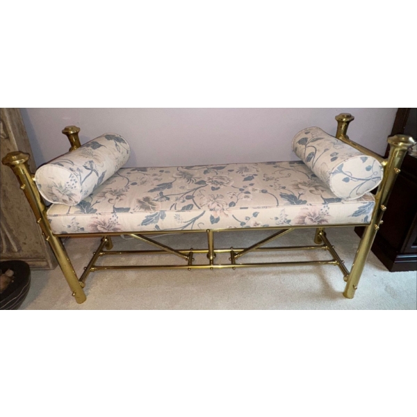 Vintage Brass Upholstered Vanity Bench with Bolster Pillows