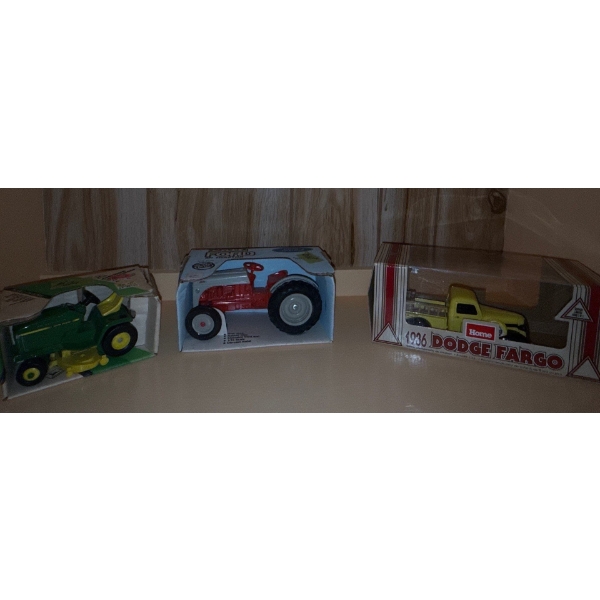 Die Cast 1936 Dodge Fargo 1/25, Metal Ford 8N Tractor 1/16, John Deere Detachable Mower Deck 1/16