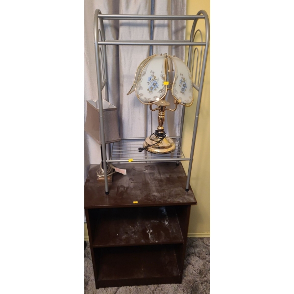Metal Shelf 24 W, 16 D, 28 T, Utility Shelf 18 W, 11 D, 34 T and 2 Lamps: 18 T and 19 T w/ Flowers