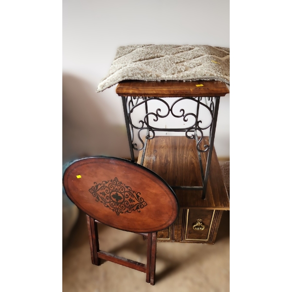 Table w/ Metal Design 21 W, 14 D, 22 T, Cabinet 19 W, 23 D, 20 T, 4  TV Trays Top: 23 X 16