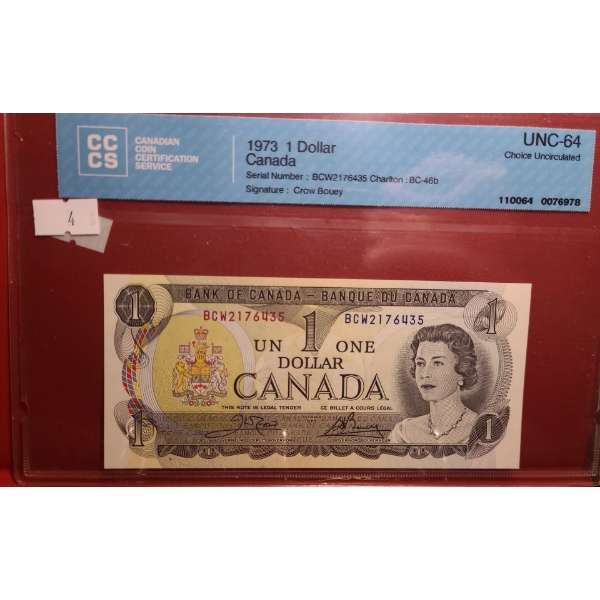 Certified Bank of Canada 1973- $1 Bill BCW2176435- BC-46b/ UNC 64 Choice Uncirculated 
