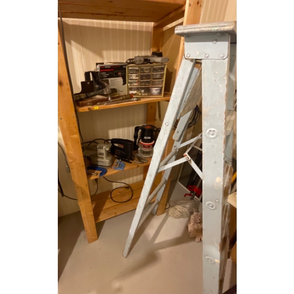 Wood Shelving Unit w/ Contents & 6 ft Painters Ladder - Electric Router Hardware & More 