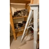 Image 1 : Wood Shelving Unit w/ Contents & 6 ft Painters Ladder - Electric Router Hardware & More 
