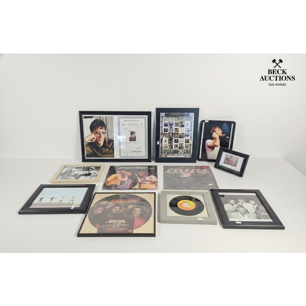 Collection Of Vintage Bee Gees Music Memorabilia,  Framed Photographs, Vinyl Records , Certificate.
