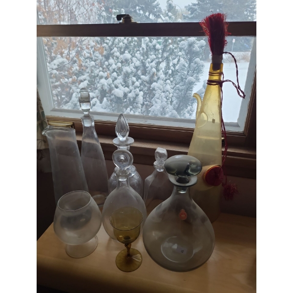 Collection of Glass Decanters (Some Chips not Visible on Tops) 
