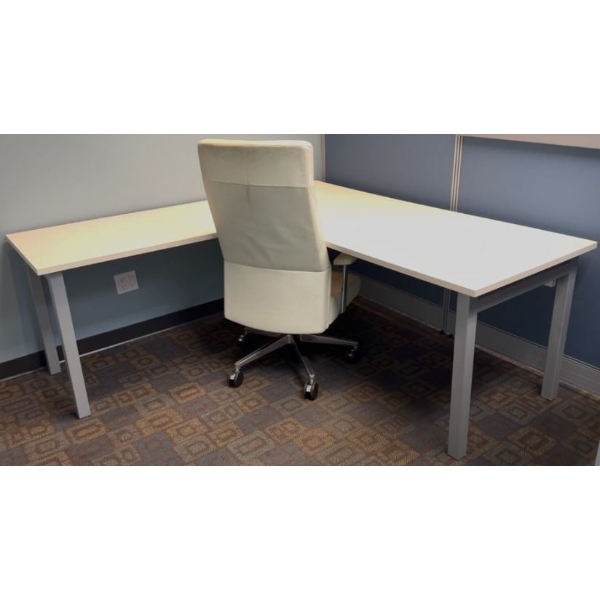 L-Shaped Office Desk with White Top and Metal Legs