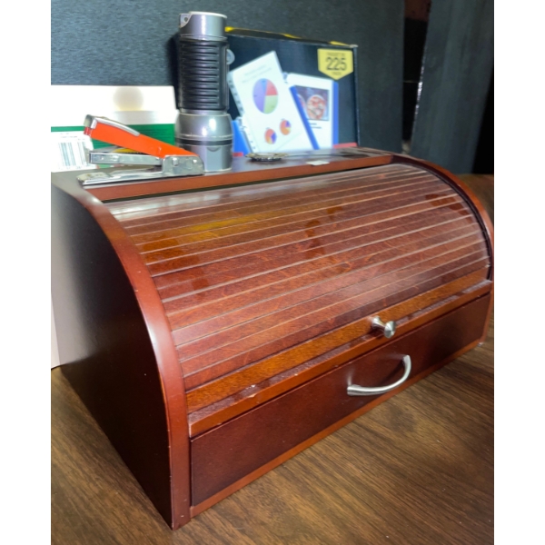 Desktop Necessities - Rollback Wood Desk Organizer w/ Assorted Stationary & More 