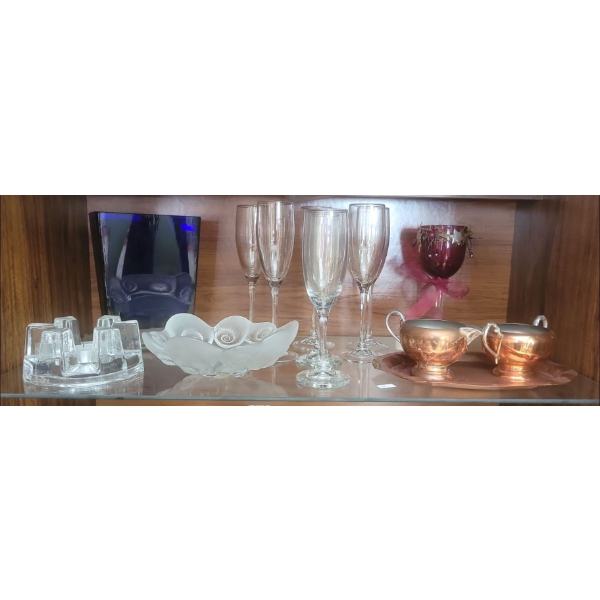 Crystal & Glass Collection + Copper Tray, Sugar Bowl, Creamer by Flemish 