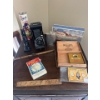 Image 1 : Antique camera and folding tape measures with cigar box a vintage Phillies, famous salt, water, taff