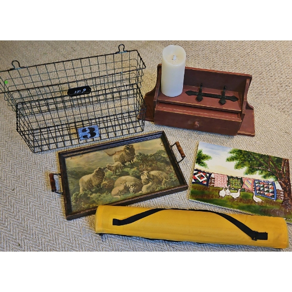 Lot: Wire Basket, Painted Plaque, Framed Sheep Tray, Wall Shelf, Mat