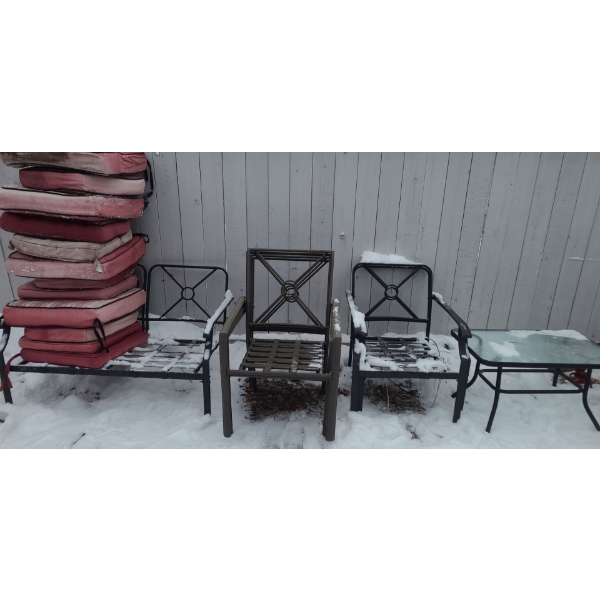 Outdoor 2 Seater Sofa 49 L, 32 T, 26 D, 6 Chairs and Side Table 34 L, 22 W, 18 T