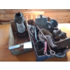 Image 1 : Wooden Crate 18 w, 9 l, 8 h, Vintage Miner's Lamp, Horseshoes & more