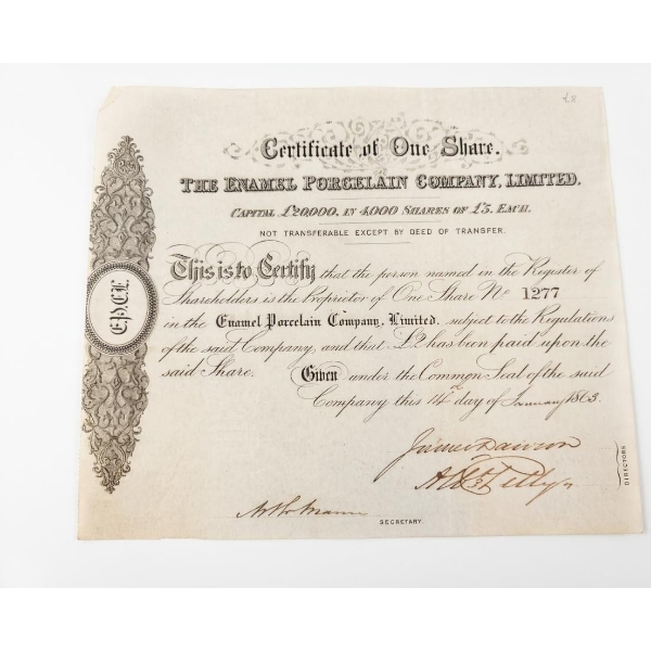 Vintage 1863 Share Certificate For The Enamel Porcelain Company, Limited 8''*9''INCHES.