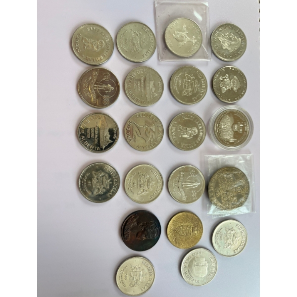 selection of souvenir dollars from Banff, the David Thompson , red deer, Alberta Winter games, Lake 