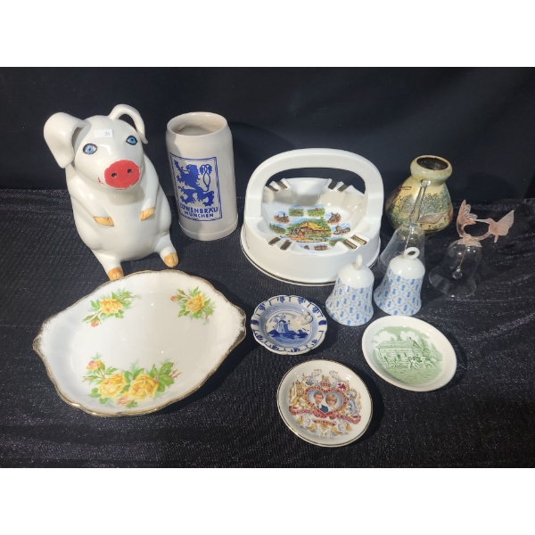 Ceramic Pig 5.5 W, 6.5 D, 9 T, "Tea Rose" Plate 10.5 X 9, Hummingbird Glass Bell 5.5 T and More!