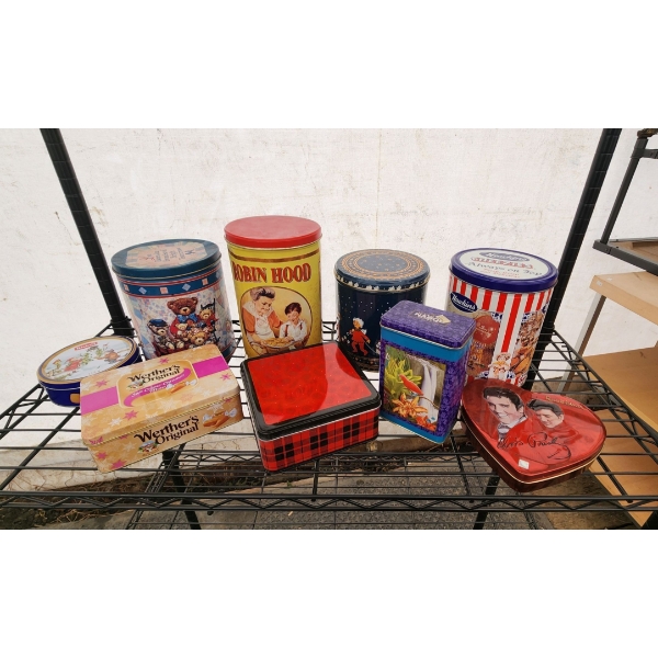 A Collection of Vintage Tins including Robin Hood Flour, Elvis and Others 