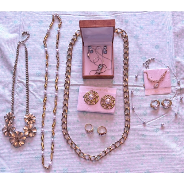 Costume Jewelry Including Necklaces, Earrings, Rings, and Brooch Set