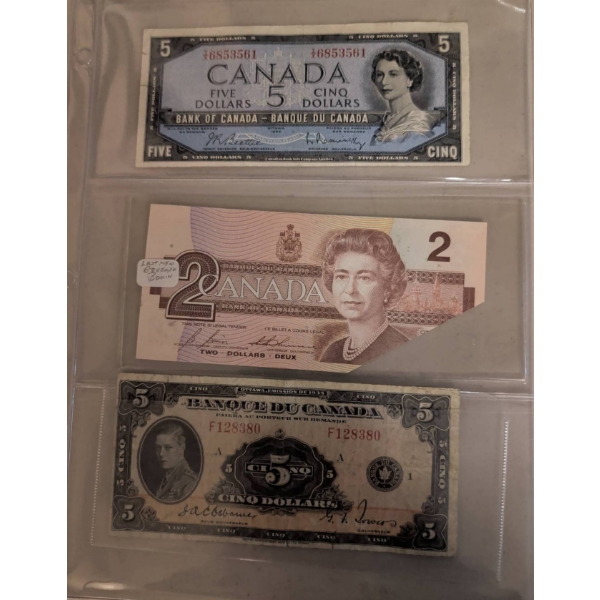 3 Vintage Canadian Banknotes Including $2 and $5 Denominations