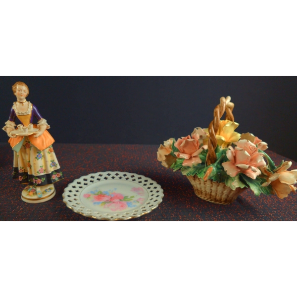 Bavarian Porcelain Plate, Flower Basket, and Lady Figurine Group