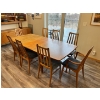 Image 1 : Vintage teak, dining room table. With 2 extensions and 10 padded chairs this is a beautiful peace of