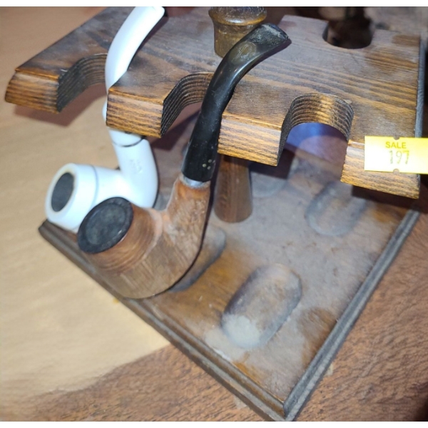 Wooden Tobacco Pipe Stand 7 W, 6 D, 5 T, Holds Six Pipes, w/ 2 Pipes Included 