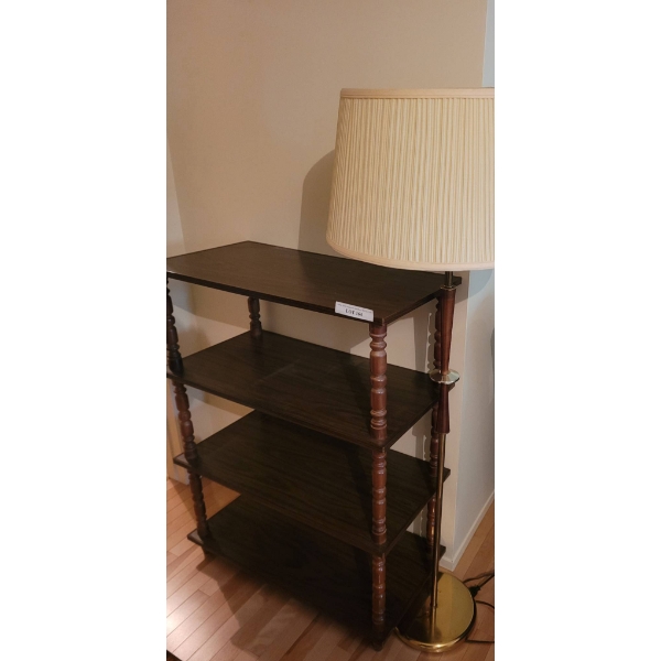 Four Tier Wooden Shelf with Turned Supports and Floor Lamp