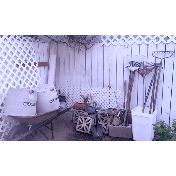 Gardening Tools, Deer Statues, and Wheelbarrow