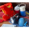 Image 3 : Large Camping Assortment-Colers, Water Jugs, Life Jaket, Gas Cans, Flashlight, Air Floaty, Stool, Pu