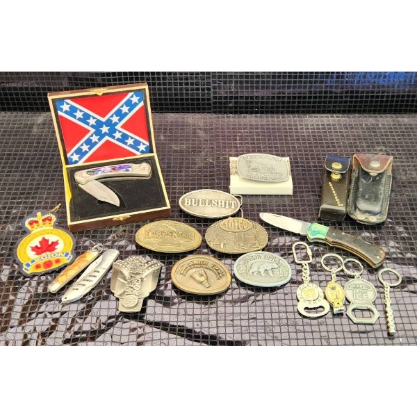 Knives, Belt Buckles, Keychains, and Memorabilia
